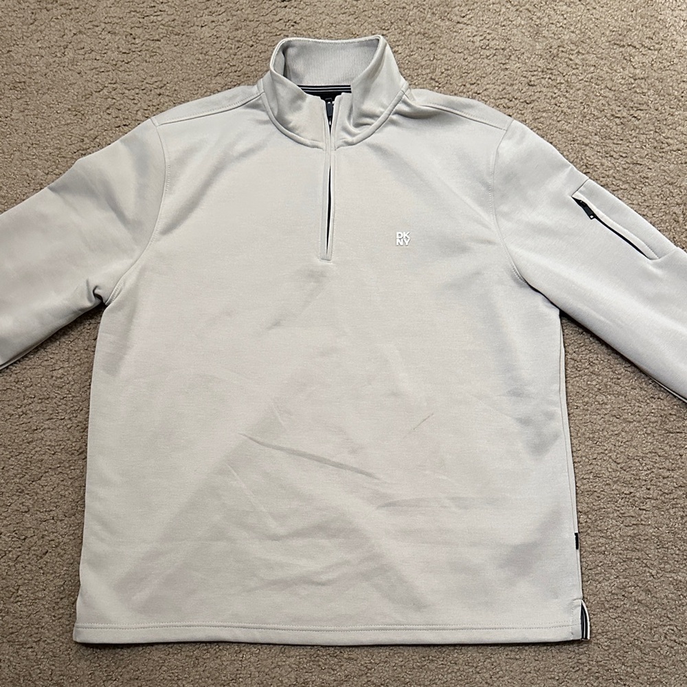DKNY Mens Long Sleeve Half-Zip Pullover Sweatshirt Modern Fit Light Gray Size XL